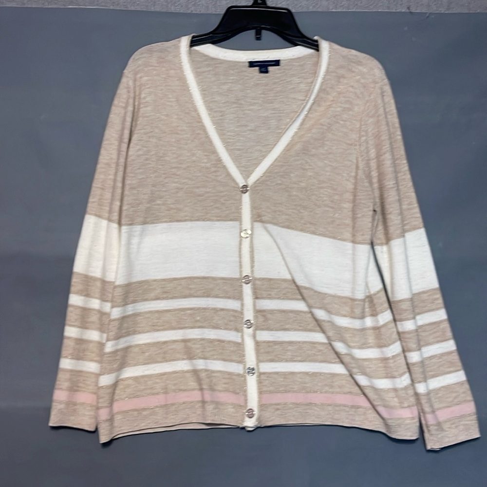 Tommy Hilfiger Beige Pink Gold Cardigan Sweater Button Front Women’s Size L
